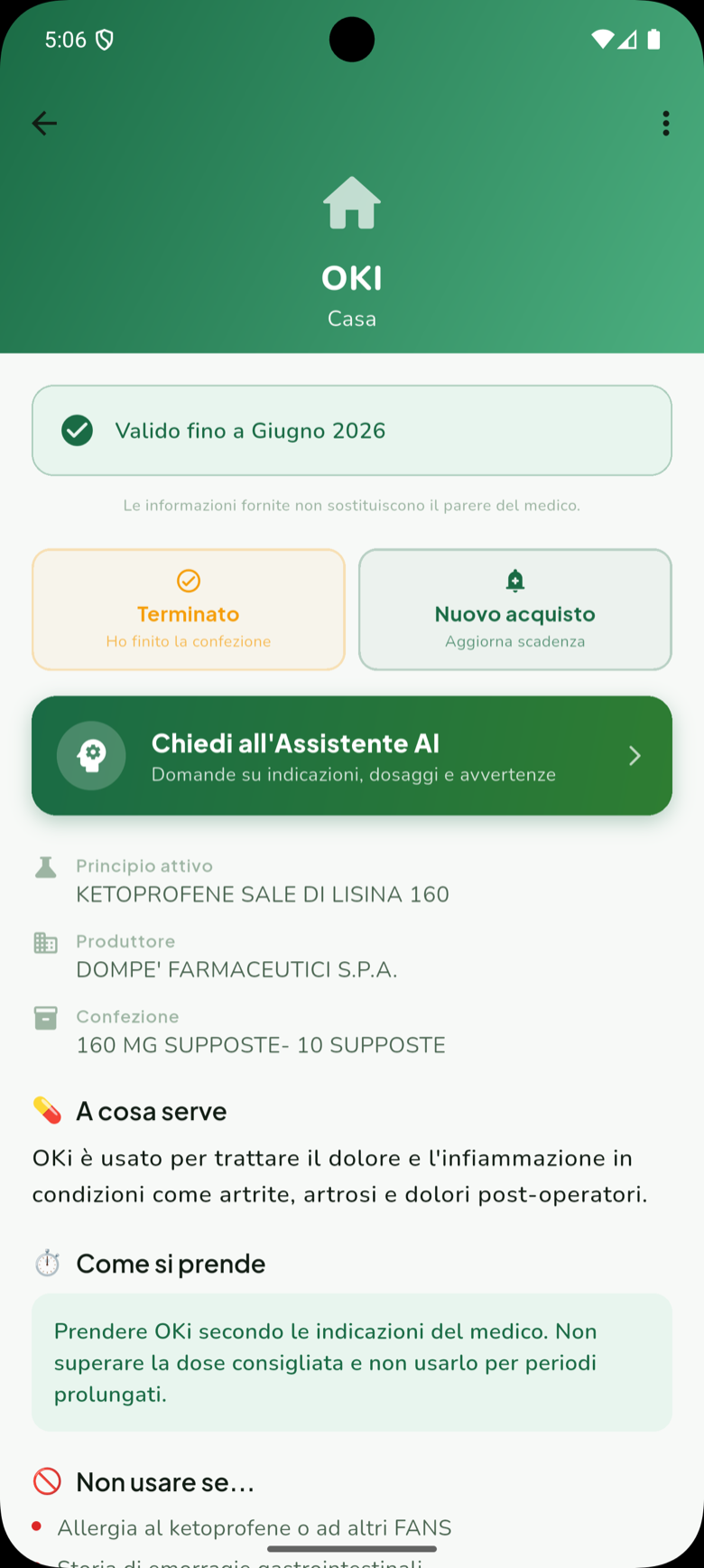 Scheda di un farmaco con lo stato della scadenza e le sezioni A cosa serve e Come si prende.