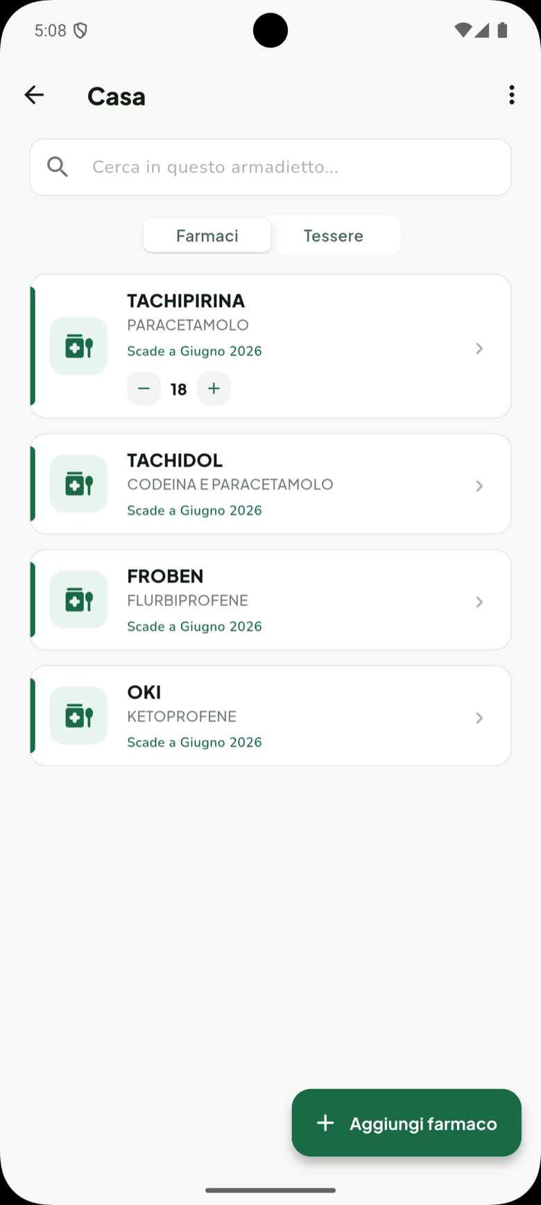 Armadietto Casa con l'elenco dei farmaci e le loro scadenze.