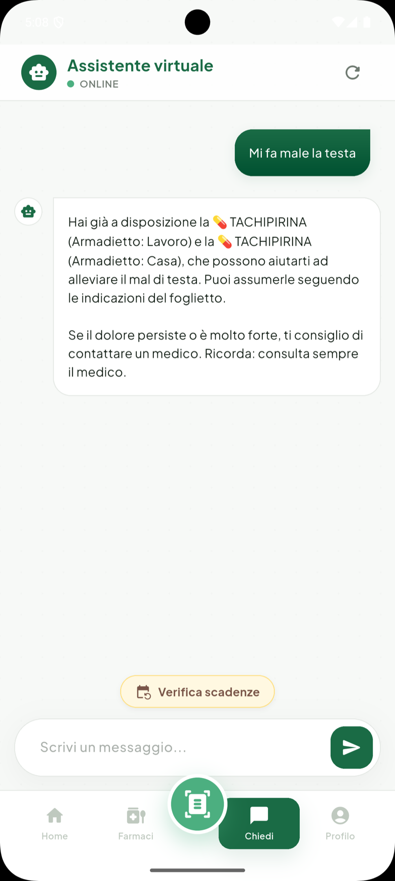 Assistente di Bugiardino che risponde indicando i farmaci già presenti negli armadietti.